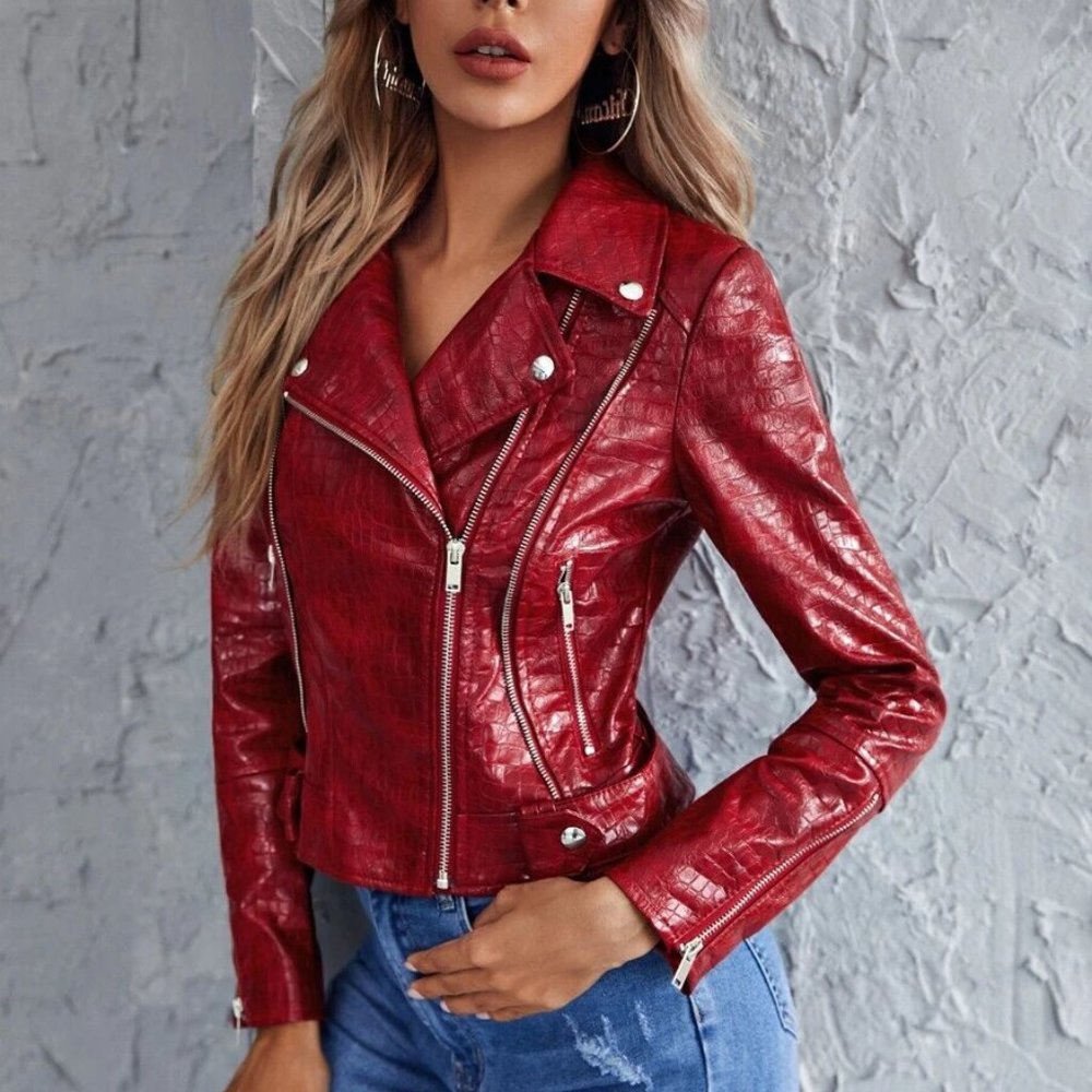 Burgundy Wine Red PU Leather Crocodile Zip Up Moto Jacket - Picture 3 of 6